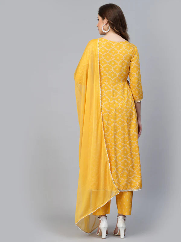 RAYON PRINTED ANARKALI KURTA WITH PANTS & DUPATTA