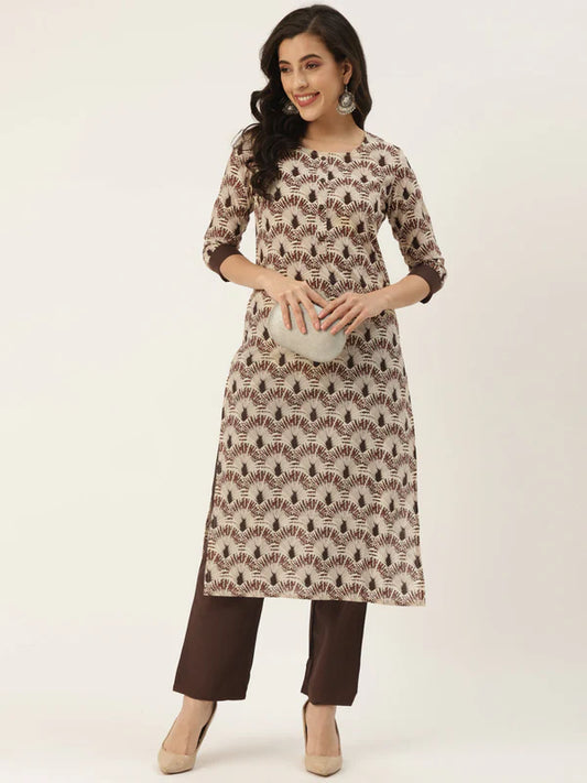 BROWN COTTON BLEND PRINTED KURTA PALAZZO SET