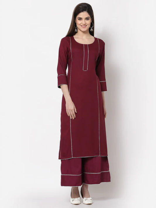 RAYON SOLID STRAIGHT KURTA PALAZZO SET (WINE)