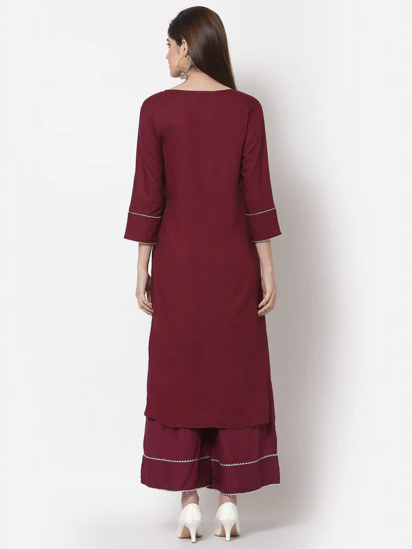 RAYON SOLID STRAIGHT KURTA PALAZZO SET (WINE)