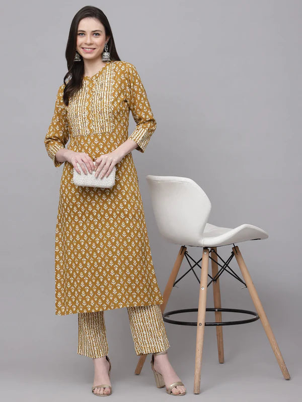 RAYON EMBROIDERED STRAIGHT PRINTED KURTA SET WITH TROUSERS (MUSTARD)