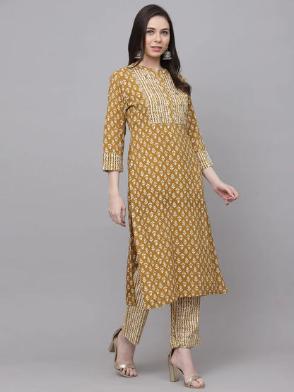 RAYON EMBROIDERED STRAIGHT PRINTED KURTA SET WITH TROUSERS (MUSTARD)