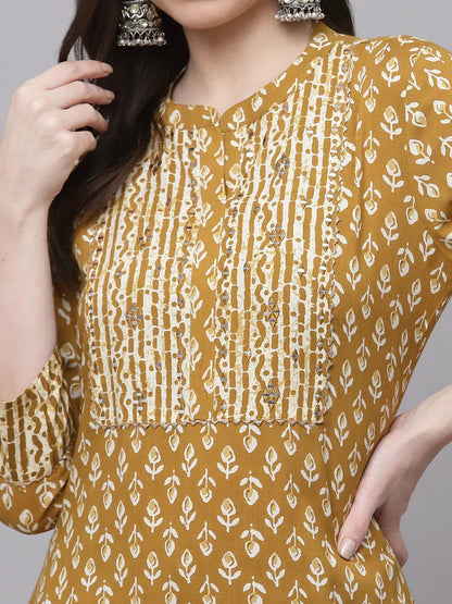 RAYON EMBROIDERED STRAIGHT PRINTED KURTA SET WITH TROUSERS (MUSTARD)