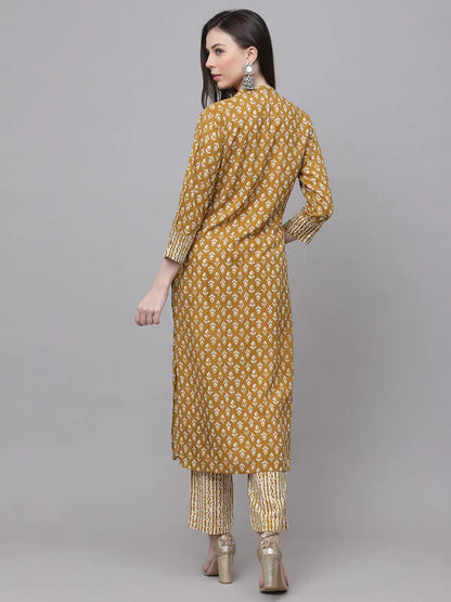 RAYON EMBROIDERED STRAIGHT PRINTED KURTA SET WITH TROUSERS (MUSTARD)