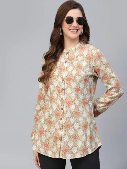 BEIGE RAYON PRINTED SHIRT