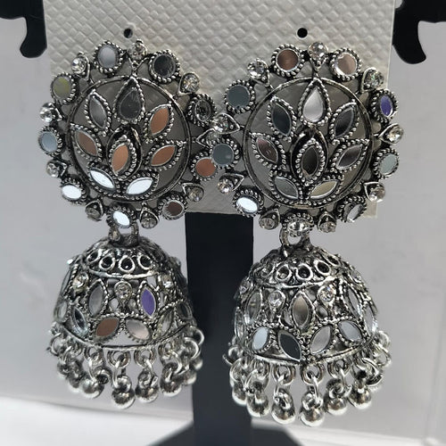 Oxidised Plated Mirror Jhumki Earrings