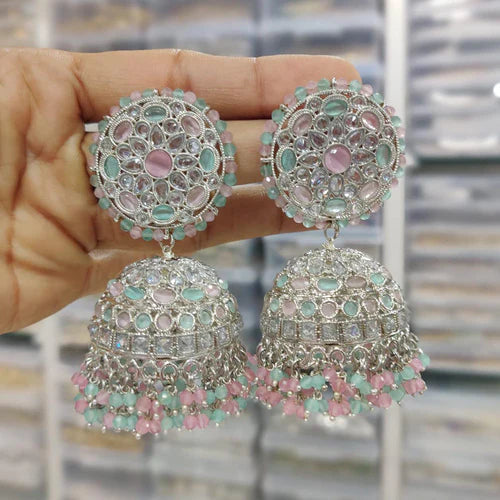 Silver Plated Crystal Jhumki Earrings