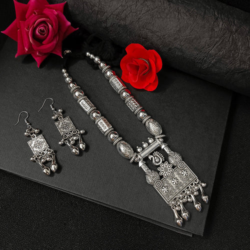 Oxidised Plated Long Necklace Set