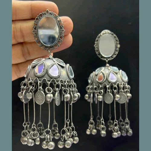 Oxidised Plated Mirror Jhumki Earrings