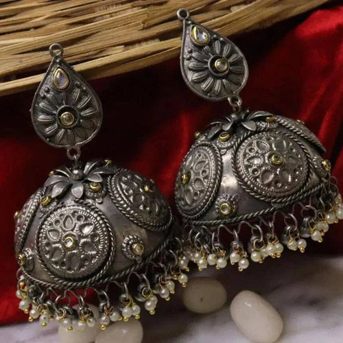 Oxidised Plated Mirror Jhumki Earrings