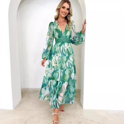 Deep V Printed Casual Long Sleeve Mid-length Dress Women