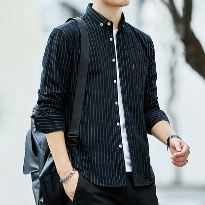 Spring New Striped Long-Sleeved Korean Fashion Casual Mens Shirt