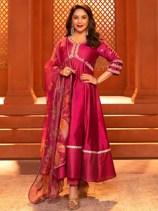 Magenta Zari Work Anarkali Kurta With Printed Dupatta