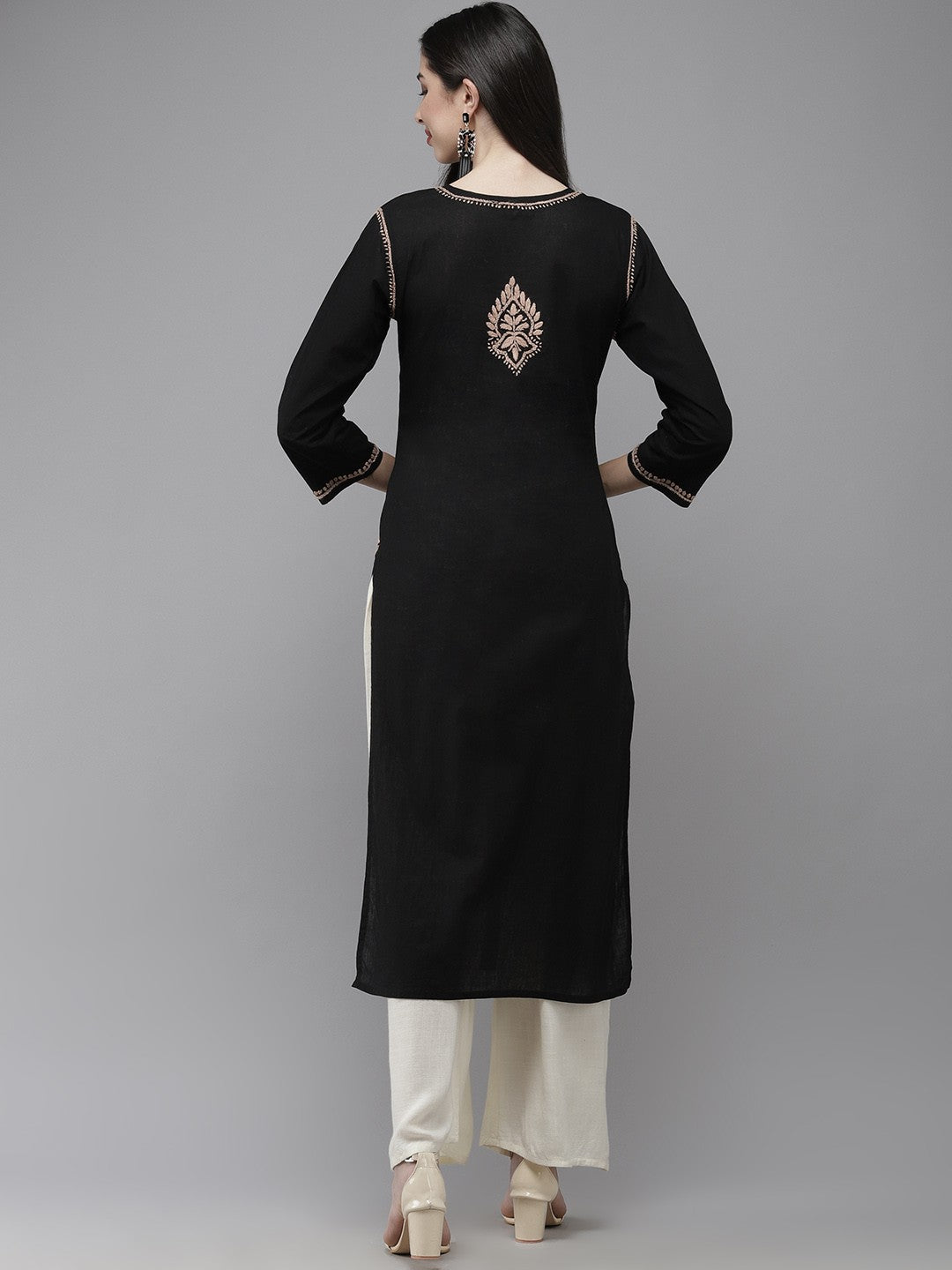 Hand Embroidered Black Cotton Lucknow Chikankari Straight Kurta