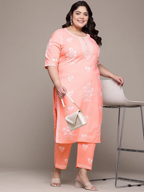 Straight Style Cotton Fabric Peach Color Kurta With Bottom