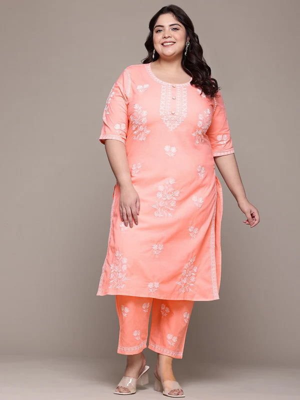 Straight Style Cotton Fabric Peach Color Kurta With Bottom