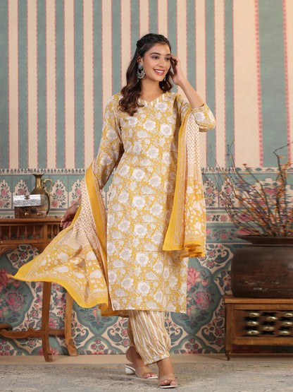 STRAIGHT STYLE COTTON FABRIC MUSTARD COLOR KURTA AND BOTTOM WITH DUPATTA