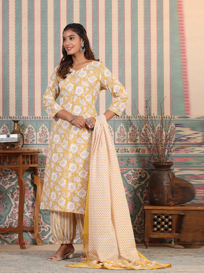 STRAIGHT STYLE COTTON FABRIC MUSTARD COLOR KURTA AND BOTTOM WITH DUPATTA