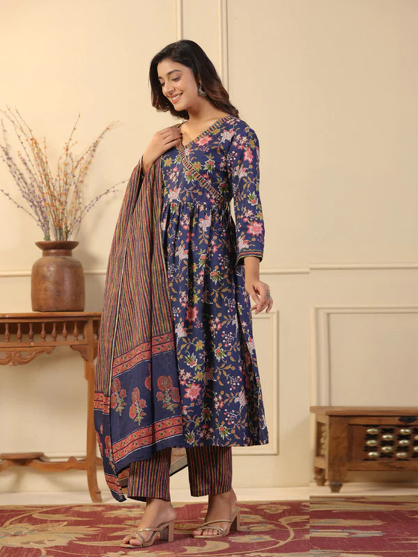 STRAIGHT STYLE COTTON FABRIC BLUE COLOR KURTA AND BOTTOM WITH DUPATTA