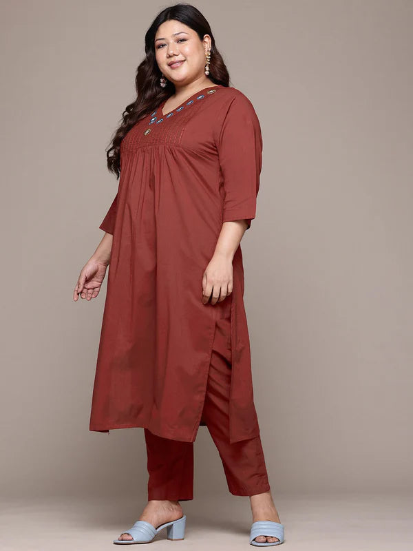 Straight Style Cotton Fabric Maroon Color Kurta With Bottom