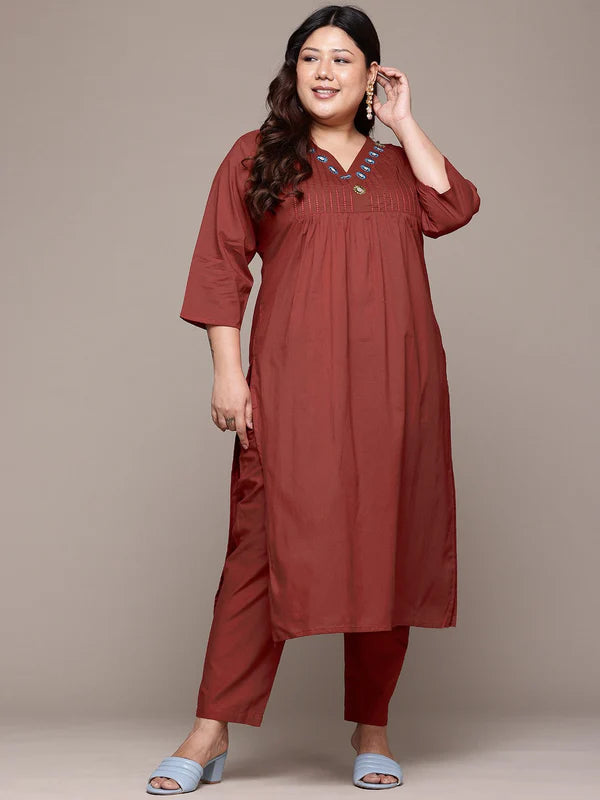 Straight Style Cotton Fabric Maroon Color Kurta With Bottom