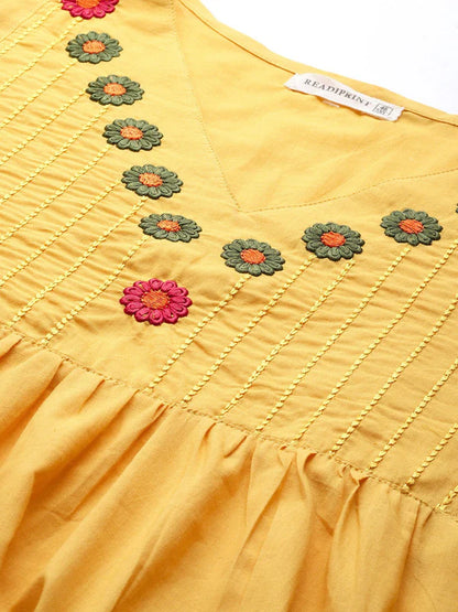 Straight Style Cotton Fabric Yellow Color Kurta With Bottom