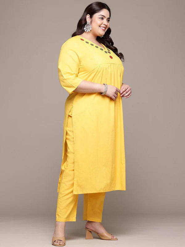 Straight Style Cotton Fabric Yellow Color Kurta With Bottom