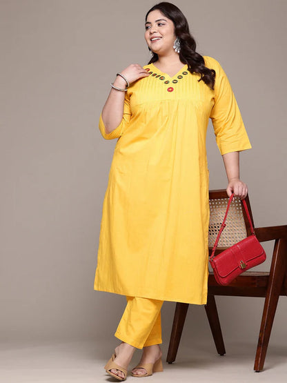 Straight Style Cotton Fabric Yellow Color Kurta With Bottom