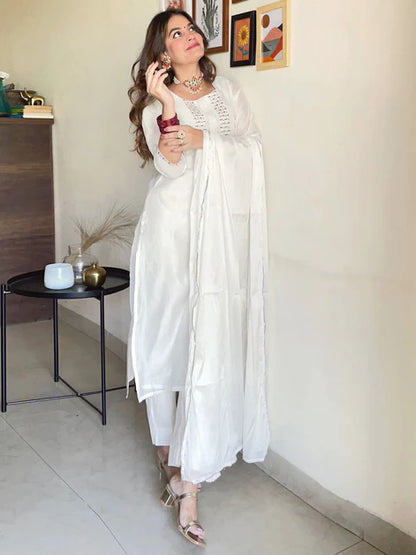 White Poly Silk Solid Kurta with Pant and Dupatta