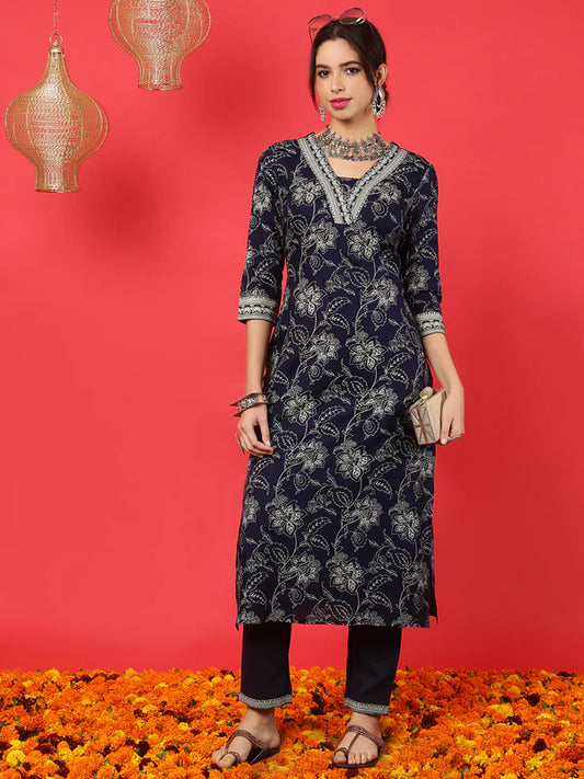 RAYON CALF LENGTH PRINTED STRAIGHT 3/4 SLEEVES V-NECK KURTA BOTTOM SET