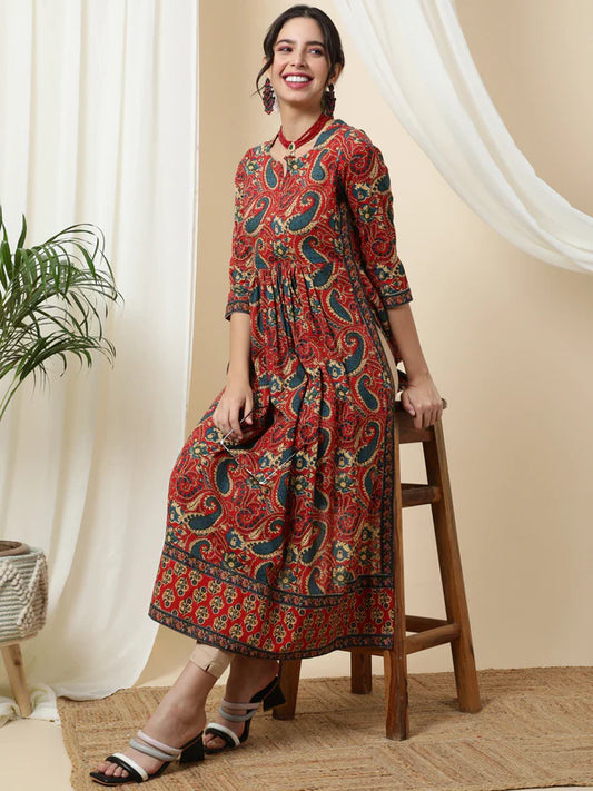 RAYON CALF LENGTH PRINTED SEMI-FLARED 3/4 SLEEVES ROUND KURTA