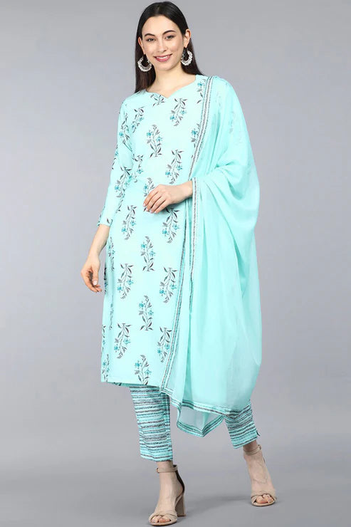 Turquoise Blue Poly Crepe Ethnic Motifs Straight Suit Set