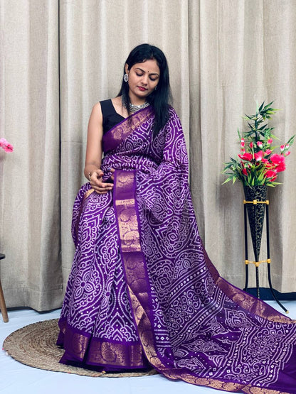 PURPLE SOFT TUSSHAR SILK BANDHEJ SAREE