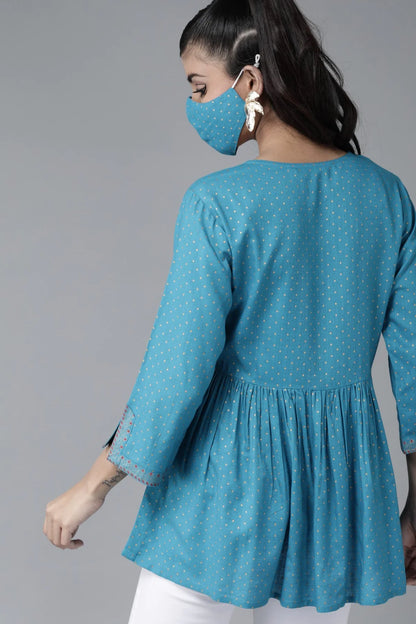 SKYBLUE RAYON SLUB POLKA PRINT PEPLUM TUNIC