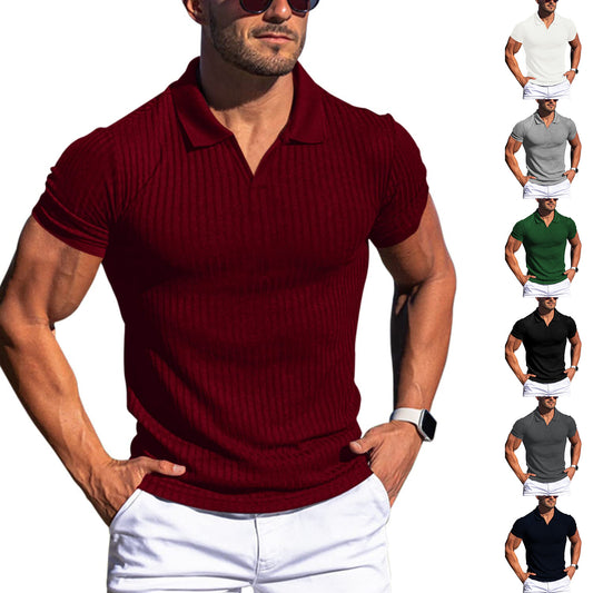 Polo Shirt Lapel V-neck Vertical Striped Short Sleeve Men's T-shirt