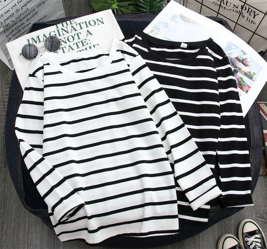 Black Striped Western Style Shirt Women's Long-sleeved T-shirt