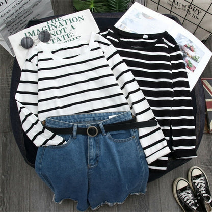 Black Striped Western Style Shirt Women's Long-sleeved T-shirt