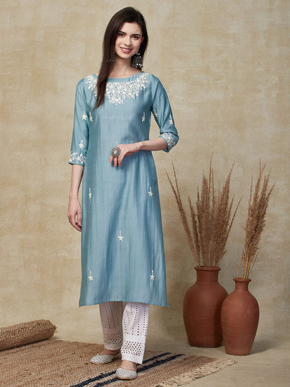 Floral Hand Embroidered Straight Fit Kurta - Powder Blue