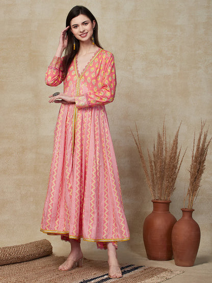 Ethnic Stripes & Floral Printed Anarkali Kurta with Pant - Pink