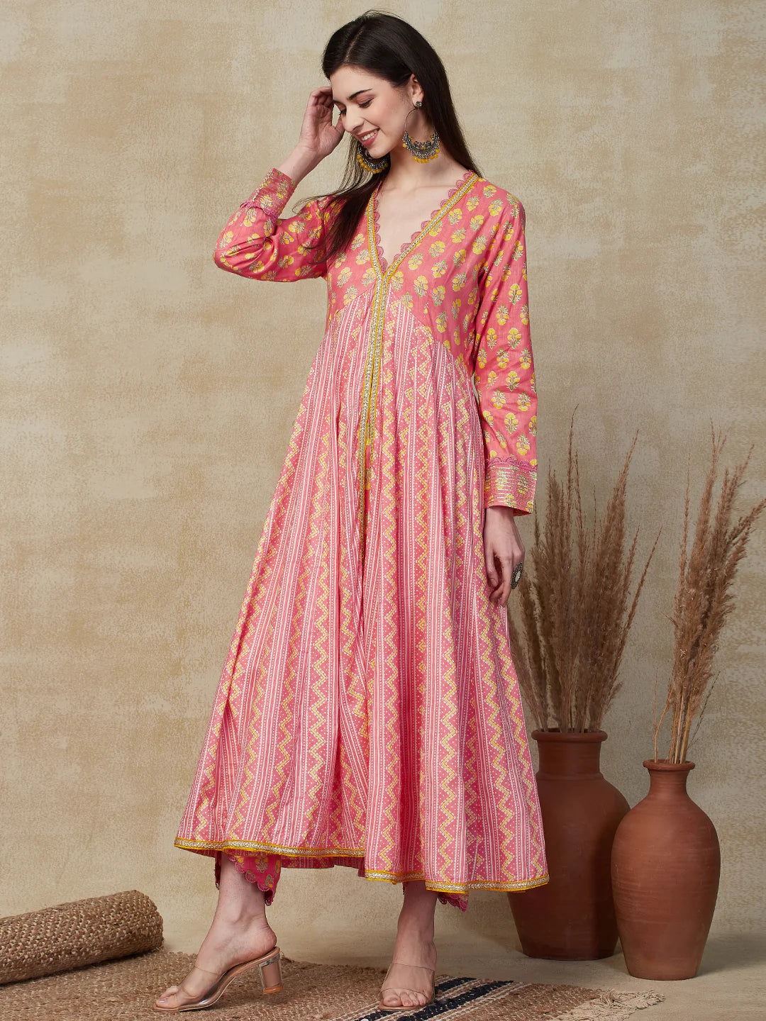 Ethnic Stripes & Floral Printed Anarkali Kurta with Pant - Pink