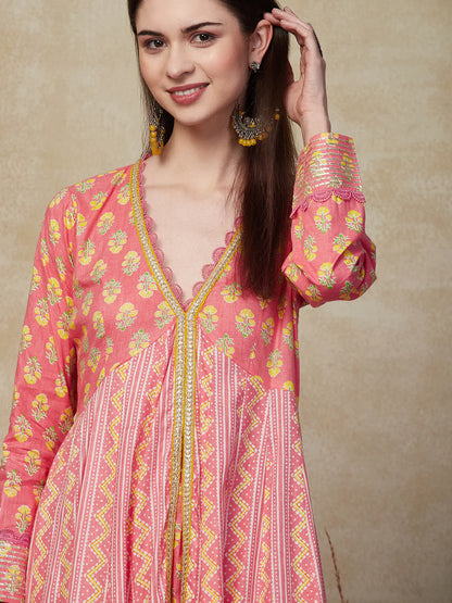 Ethnic Stripes & Floral Printed Anarkali Kurta with Pant - Pink