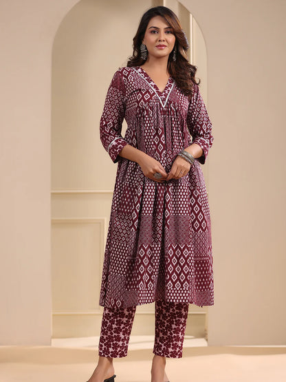 Ethnic Patch Printed A-Line Pleated Kurta with Pant - Maroon