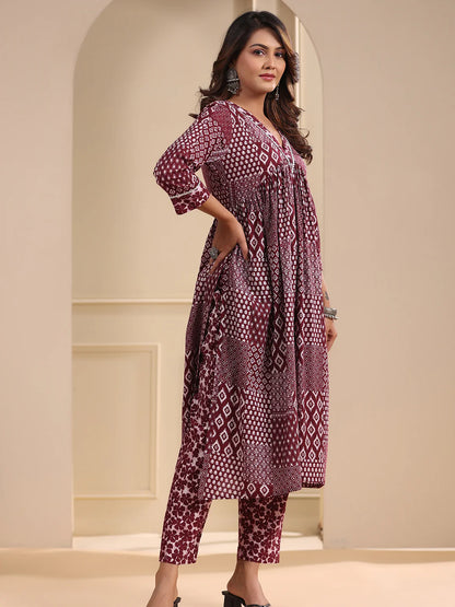 Ethnic Patch Printed A-Line Pleated Kurta with Pant - Maroon