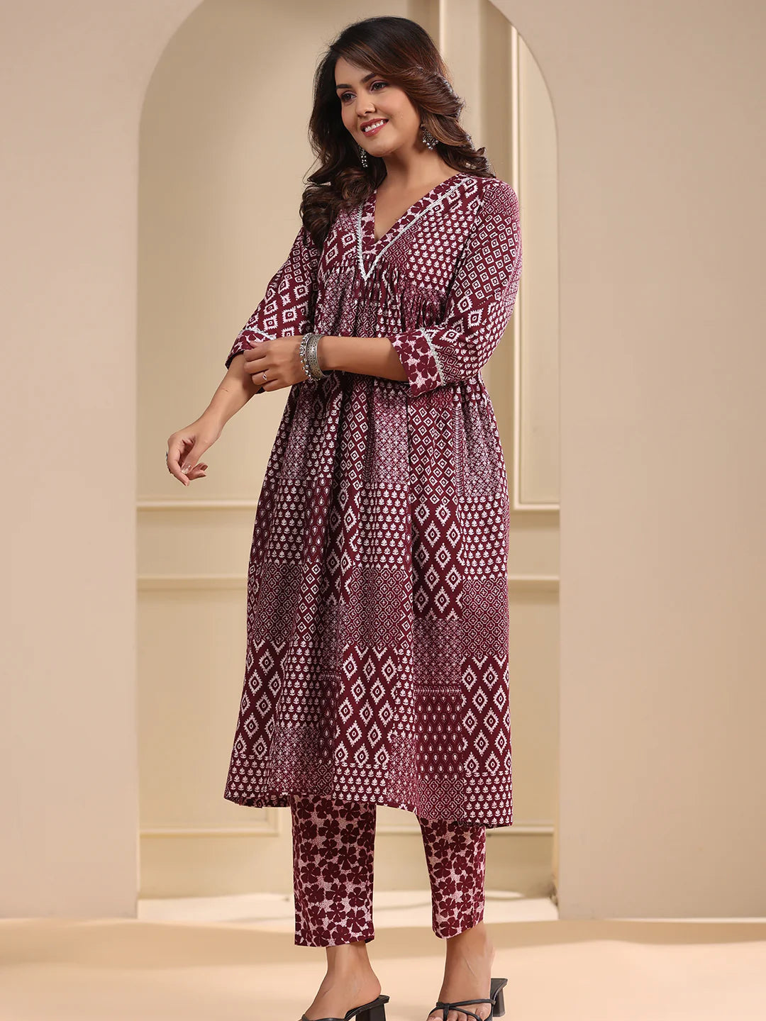 Ethnic Patch Printed A-Line Pleated Kurta with Pant - Maroon