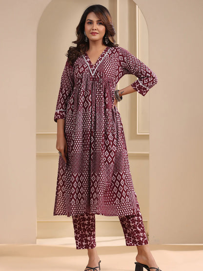 Ethnic Patch Printed A-Line Pleated Kurta with Pant - Maroon