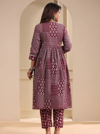 Ethnic Patch Printed A-Line Pleated Kurta with Pant - Maroon