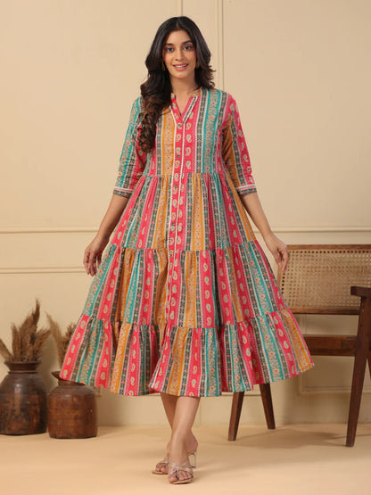 Floral & Ethnic Printed Crochet & Zari Lace Work Tiered Dress - Multi