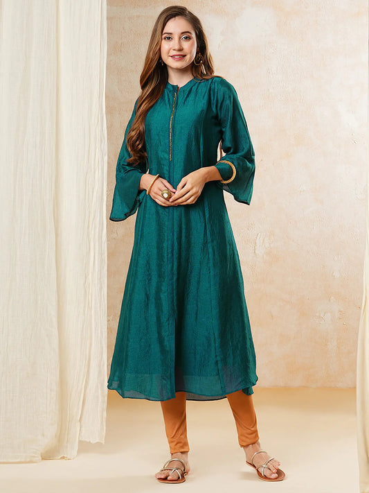 Solid Cutdana & Zari Embroidered A-line Kurta - Teal