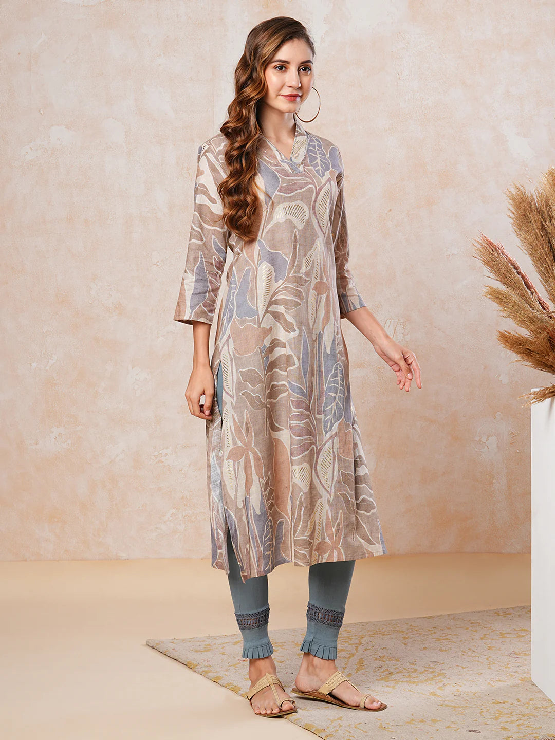 Abstract & Floral Printed Resham & Sequins Embellished A-line Kurta - Beige