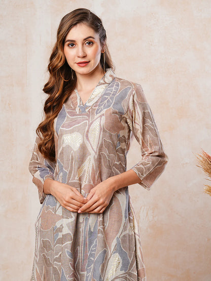 Abstract & Floral Printed Resham & Sequins Embellished A-line Kurta - Beige